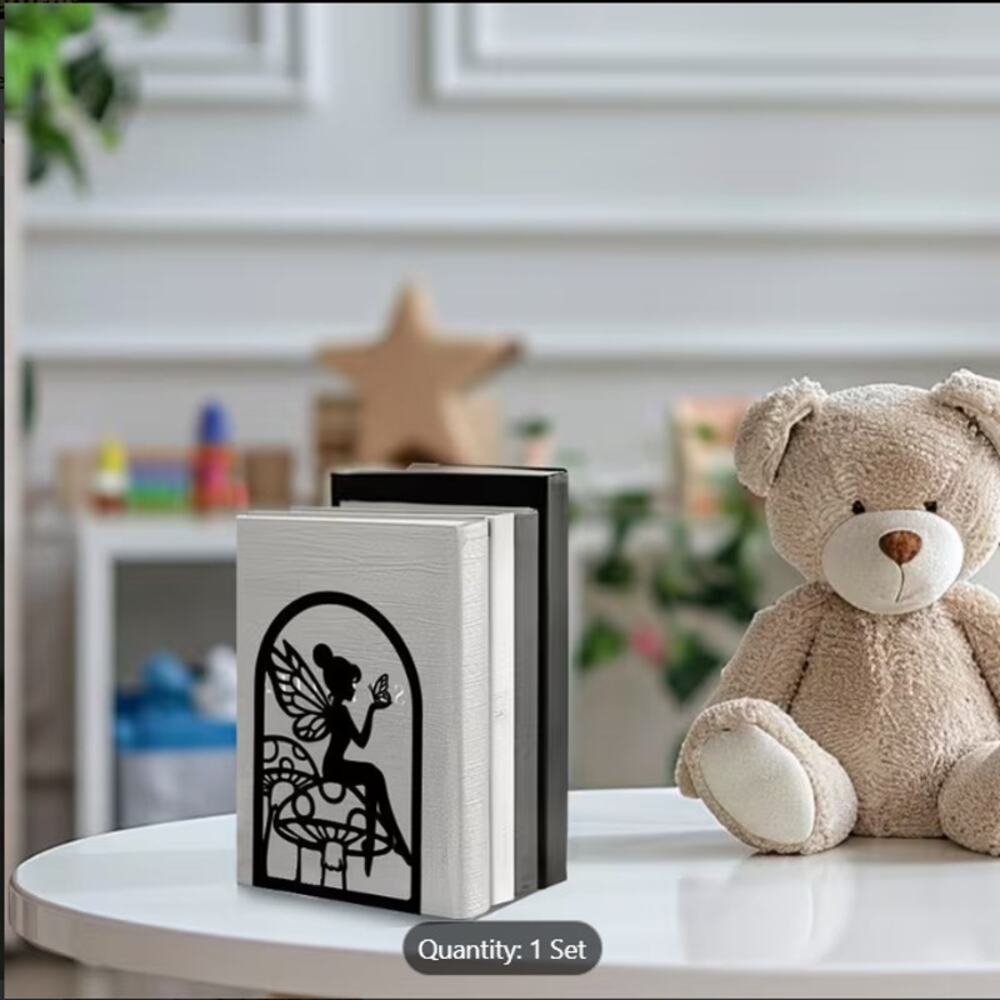Fairy Silhouette Metal Bookends – 1 Set  Cute Butterfly Fairy on Mushroom Design